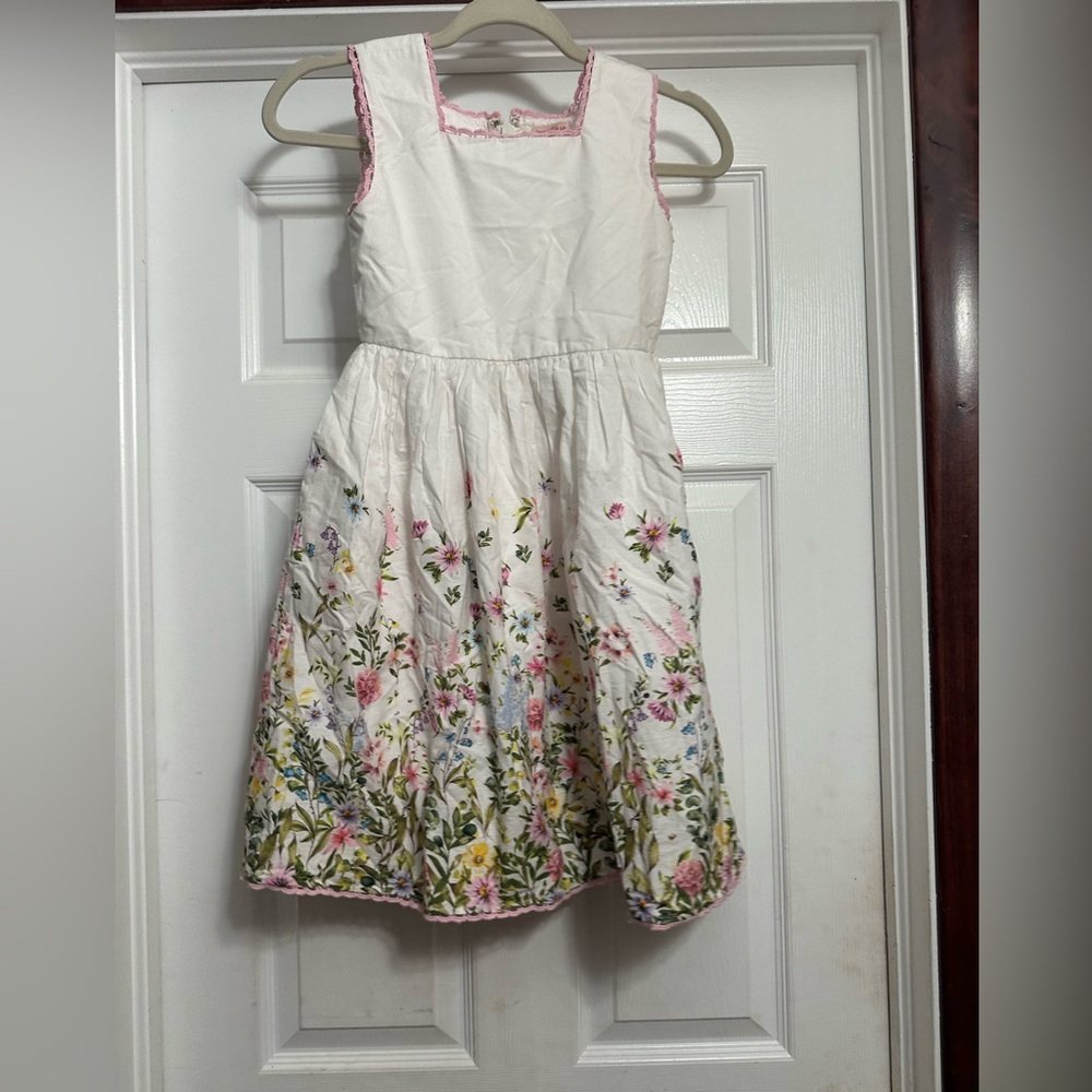 Ivy City Co girls mini White Floral Border Fit-and-Flare Dress with Pink Trim